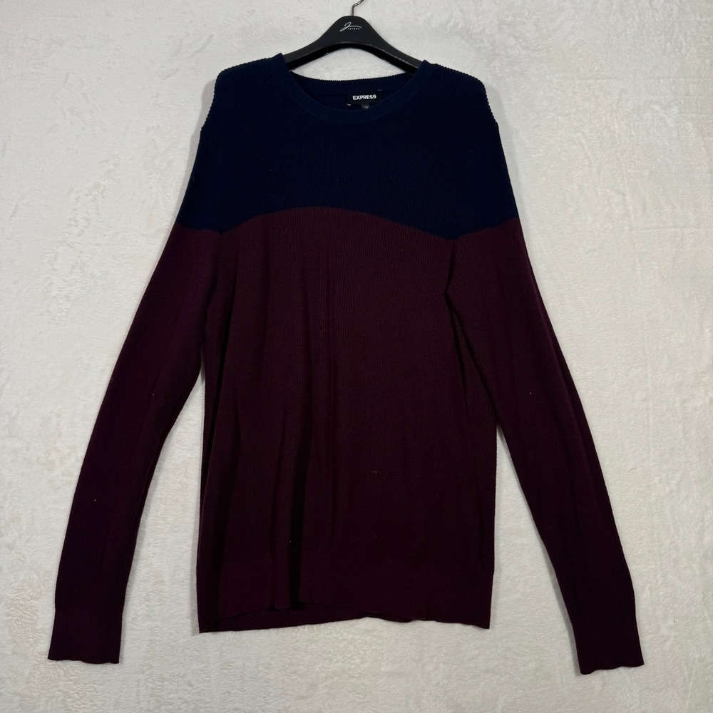 Express Sweater Mens M Navy Burgundy Colorblock Ribbed Knit Crew Neck Pullover